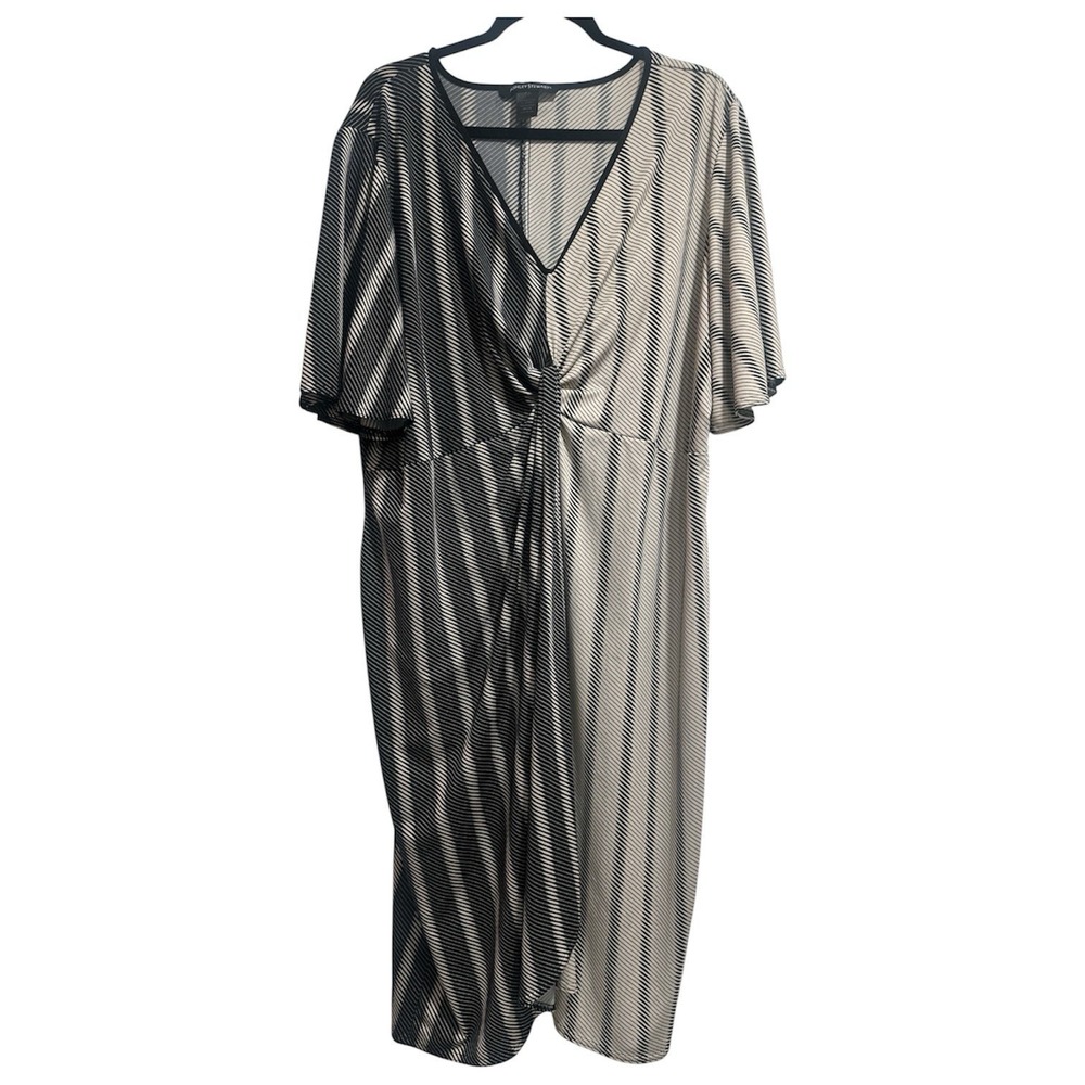 Ashley Stewart black & beige striped midi dress Faux Wrap Knot Detail Sz  26/28